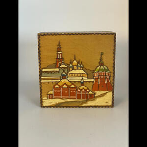 Vintage Russian Wooden Hand Painted City Trinket Box Wood Burned Design 4 in.